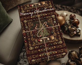 William Morris Christmas Wrapping Paper: Burgundy Botanical Christmas Tree Vintage Style Gift Wrap