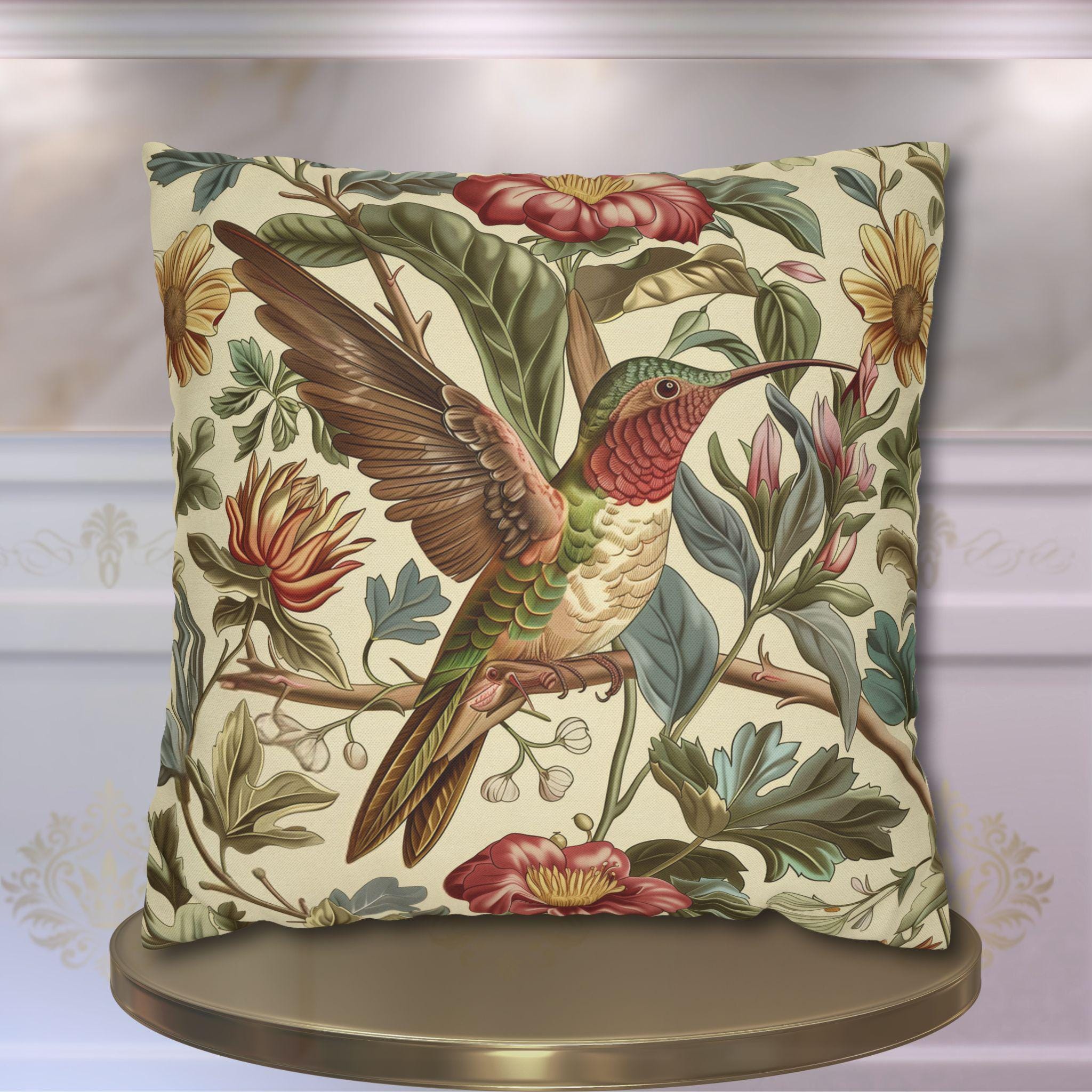 Vintage Style William Morris Hummingbird Botanical Pillow Cover 