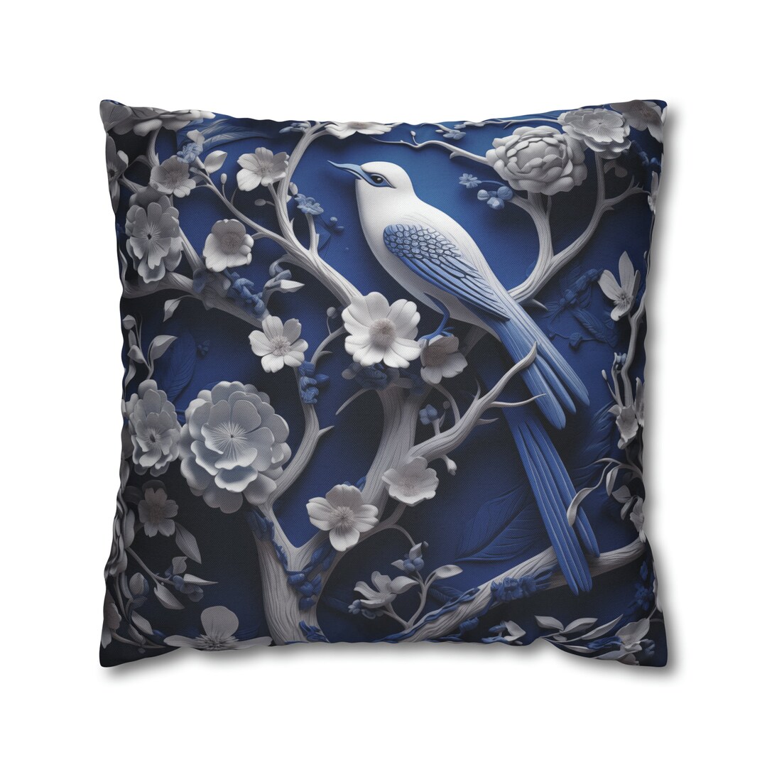 Chinoiserie Blue Bird Pillow Cover Porcelain Look With White Blossoms