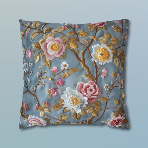 Asian Motif Floral Pillow Cover Soft Pink and Yellow Blossoms on Blue-Grey Pillowcase Golden Accents Elegant Home Decor Cushion Cover