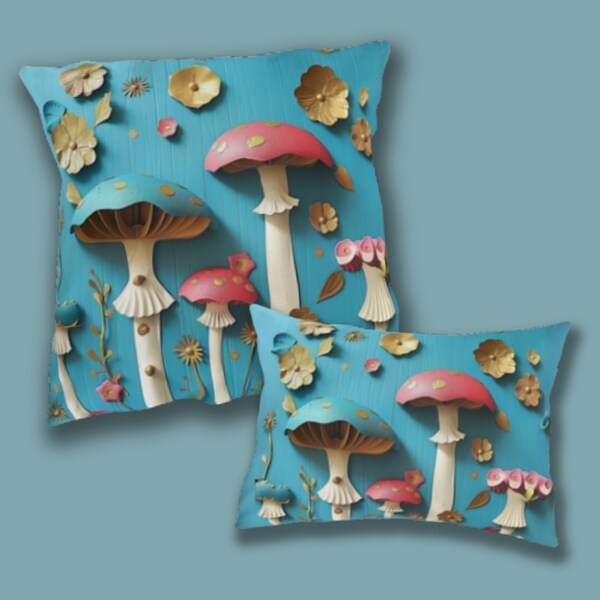 Whimsical Mushroom & Floral Outdoor Pillow: 3D Garden Design, UV and Mildew Resistant Cushion for beach house, patio, pool or boat