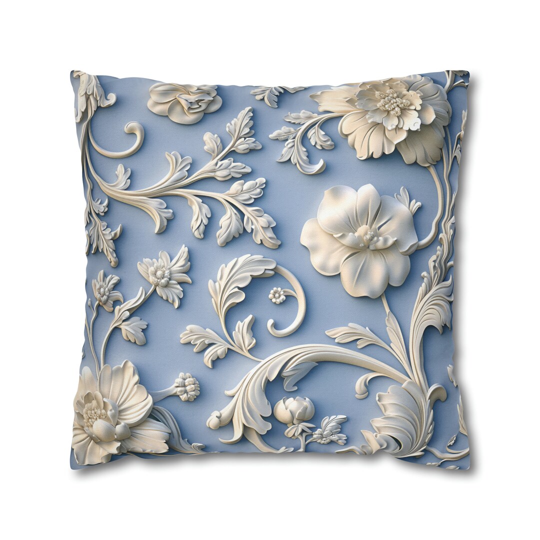 Elegant Chinoiserie Floral Pillow Cover: Soft White & Grey on Powder ...