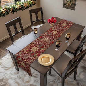 Crimson & Gold Snowflake Table Runner with Poinsettia Accents for Christmas Dining Decor