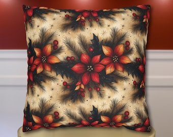 May include: A square throw pillow featuring a repeating pattern of red poinsettia flowers, dark green holly leaves, and small red berries set against a light tan background with dark pine needle accents and small star-shaped details.