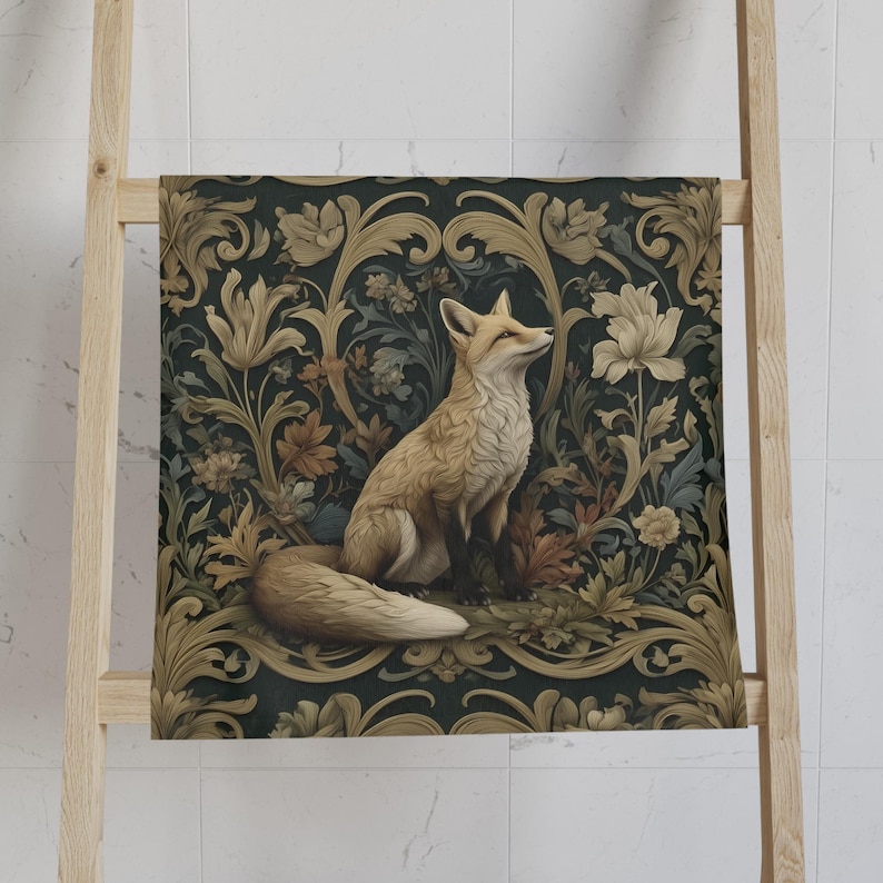 William Morris Fox Hand Towel: Dark Woodland Botanical Arts & Crafts Decor image 7