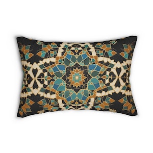 Moroccan Tilework Lumbar Pillow: Geometric Teal Cushion (20x14) image 1