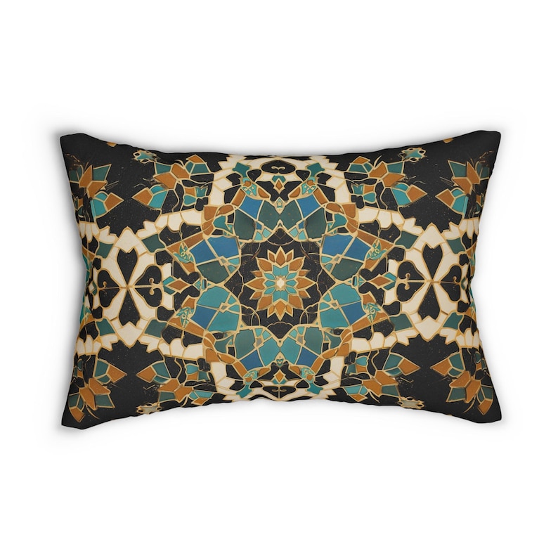 Moroccan Tilework Lumbar Pillow: Geometric Teal Cushion (20x14) image 1