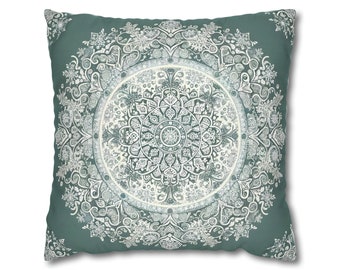 Vintage Style Snowflake Pillow Cover - Elegant and Timeless Intricate Snowflake Design on Pale Emerald Green Backdrop