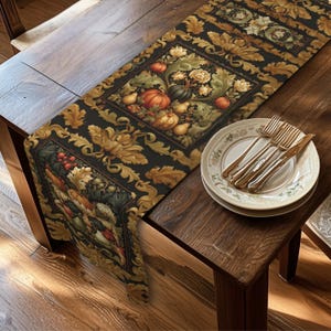 May include: A table runner featuring a black background with gold acanthus leaf scrollwork and rectangular panels containing illustrations of pumpkins, pears, and flowers. A stack of two white plates with gold rims and gold cutlery sits on the runner.
