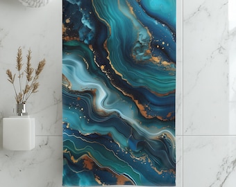 May include: A rectangular towel featuring a fluid, abstract marble pattern in shades of deep navy blue, teal, and turquoise. The design includes swirling, wave-like bands of color accented with metallic gold veins and scattered gold flecks.