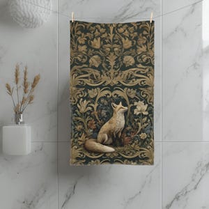 William Morris Fox Hand Towel: Dark Woodland Botanical Arts & Crafts Decor image 1