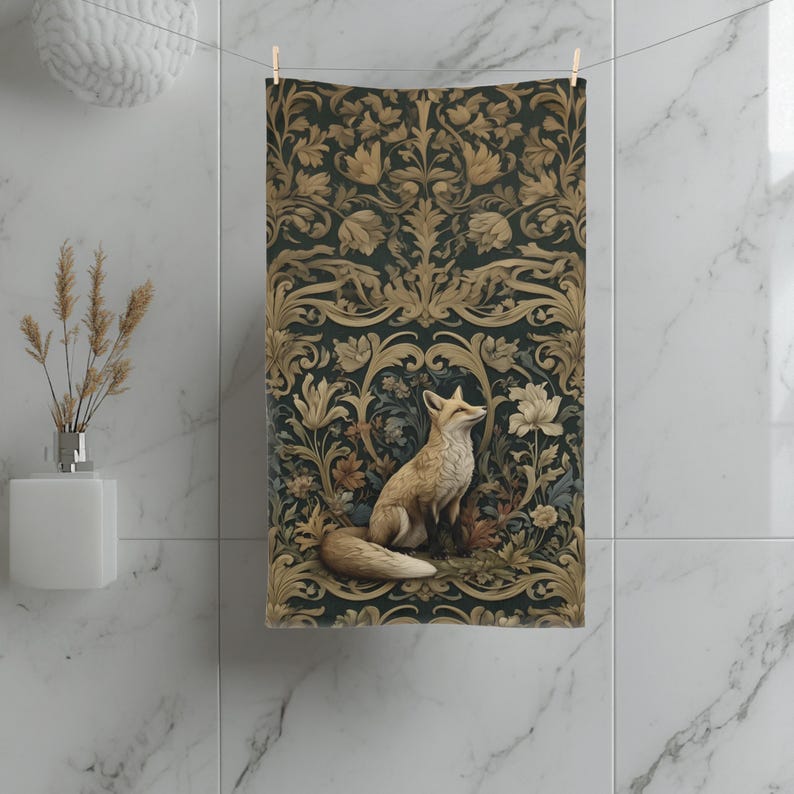 William Morris Fox Hand Towel: Dark Woodland Botanical Arts & Crafts Decor image 1