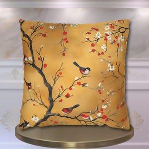 Chinoiserie Pillow Cover: Gold, Red Blossoms & Birds - Asian Decor