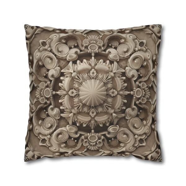 Vintage Style Sepia-Toned Rosette Pillow Cover | Antique Look with Ornate Details | Symmetrical Mandala Pattern