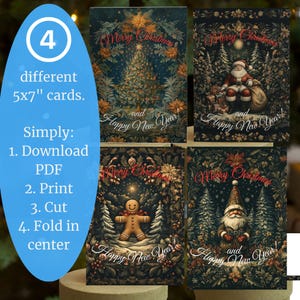 Biglietti di Natale stampabili ispirati a William Morris: 4 design unici, download digitale in PDF, stampe 5x7