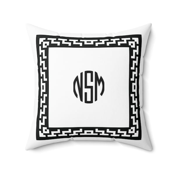 Personalized Monogrammed White Faux Suede Pillow Luxury with Classic Greek Key Pattern Border in Black Custom Circular Initials