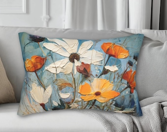 Vintage Style Floral Lumbar Pillow: Blue Wildflower Oil Painting Style
