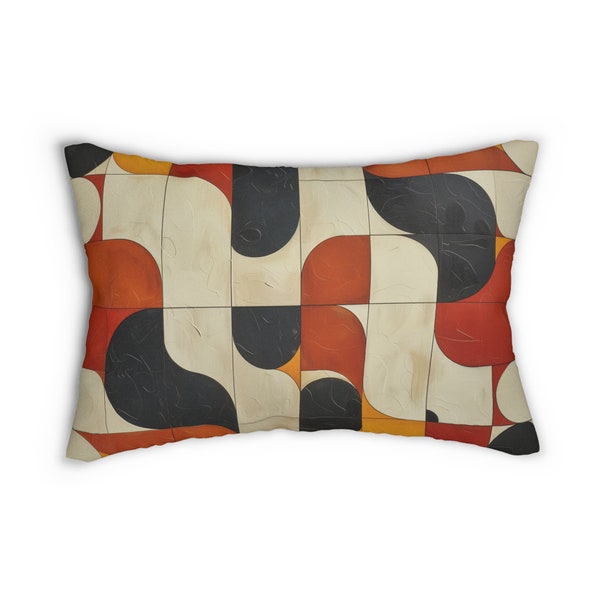 Bold Abstract Lumbar Pillow Black, White, Red, Beige with Orange Lumbar Cushion Mid-Century Modern Art Design Lumbar Rectangle Throw Pillow