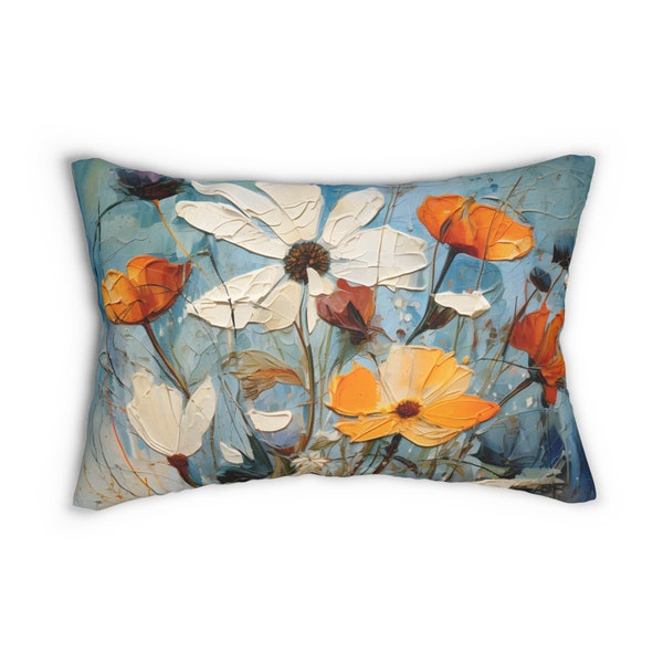 Vintage-Style Brightly Colored Fall Lumbar Throw Pillow - Blue Wildflowers in Oil Painting Style  Limited Edition Decorative Piece