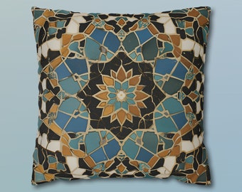 Luxurious Moroccan Tilework Inspired Pillow Cover: Teal, Beige, Brown Geometric Cushion Case
