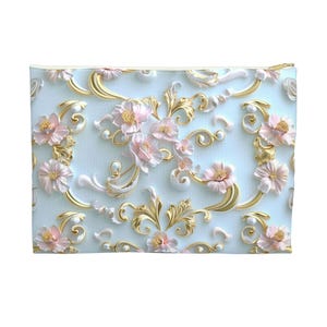 May include: A light blue zippered pouch with a white background and a repeating pattern of pink flowers and gold scrollwork.