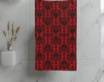 Damask Hand Towel: Black & Crimson Dark Baroque Vampire Gothic Decor
