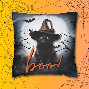 Niedliches &#39;Black Cat boo!&#39; Halloween Thema Quadrat Dekorativer Dekokissenbezug