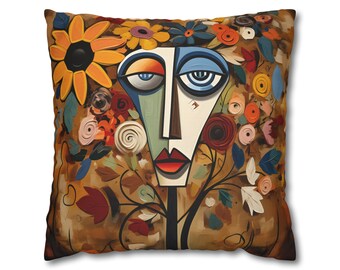 Cubist Wildflower Throw Pillow Cover: Picasso-Inspired Geometric Face Art in Autumn Hues
