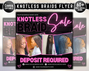 Knotless Braid Sale DIY Flyer, Hair Stylist Braiding Knotless Wigs Social Media Template, Instagram Editable Canva Templates, Instant Access