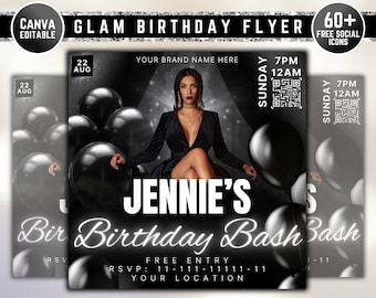 Glam Birthday Flyer, Bash Birthday Flyer, schwarz, editierbar auf Canva, Partyeinladung, Mädchen zum Geburtstag, Diamanten, Eventflyer, Lounge, Club
