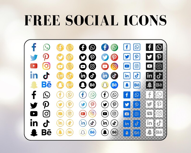May include: A grid of 9 rows and 10 columns of social media icons. Each row features a different style of icon: blue, white, gold, black, and transparent. The icons represent popular social media platforms such as Facebook, Instagram, Twitter, Pinterest, YouTube, LinkedIn, TikTok, Snapchat, and Behance.