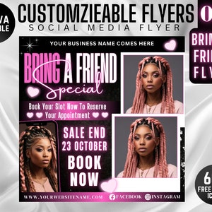 Bring a Friend Flyer, Friend Special Flyer, Bestie Deal Flyer, Social Media Post, Hair Braids Lashes Nails Makeup Sale Promotion, Canva
