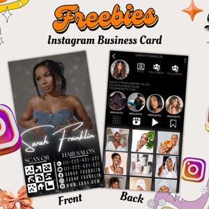 May include: Instagram business card design with a front and back view. The front features a woman's photo and business details. The back showcases Instagram highlights. The design includes the text "Freebies" and Instagram logos.