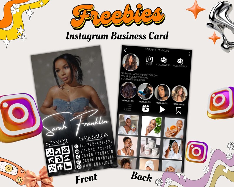 May include: Instagram business card design with a front and back view. The front features a woman's photo and business details. The back showcases Instagram highlights. The design includes the text "Freebies" and Instagram logos.
