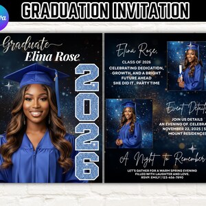 May include: A graduation invitation with a photo of a graduate in a blue cap and gown. The invitation includes the graduate's name, class year, event details, and the text "A Night to Remember."