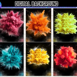 May include: Digital background featuring six panels with colorful explosions against a black backdrop. The explosions are in shades of pink, orange, yellow, teal, gold, and red. The text "DIGITAL BACKGROUND" is at the top.
