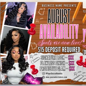 August Booking Flyer, Back To School Flyer, Summer Flyer, Canva Template, Book Now Appointments, Beauty, Lashes, Make up, Nails