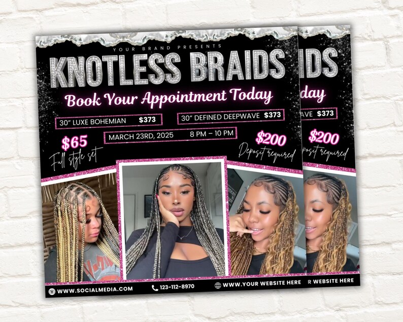 May include: Flyer for Knotless Braids services. The flyer is black with silver glitter accents and pink text. It features images of hairstyles and includes details like "Book Your Appointment Today," pricing, and contact information.