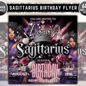 Sagittarius Birthday Flyer, Birthday Girl, Happy Birthday Flyer, Sagittarius Season, Sagittarius Party, Celebration Flyer, Canva Editable