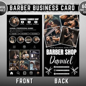 2024 Instagram Barbershop Visitenkartenvorlage, bearbeitbarer schwarzer Barber Business Canva Card Design, digitaler QR-Code DIY-Calling Card