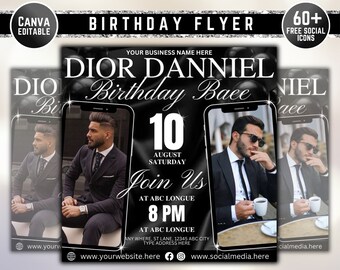 Male birthday flyer invitation, Premade party flyer, Event flyer, Bday bash for men, Social media E-flyer, DIY, Club, Editable on Canva