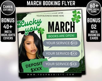 March Booking Flyer, St.Patricks Day Flyer, March Books, March Madness Flyer, March Book Now, March Hair, March Lashes Nails Braid MUA Flyer