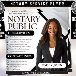 Puede incluir: Un folleto publicitario de servicios de notaría. La imagen muestra a una mujer sonriente con una blazer negra. El folleto incluye el texto "NOTARIO PÚBLICO", enumera los servicios y proporciona información de contacto y un sitio web.