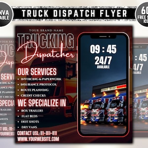 Puede incluir: Un folleto rojo y negro con el texto "Truck Dispatch Flyer" y "Trucking Dispatcher" en una fuente roja y blanca. El folleto anuncia servicios de transporte, incluyendo facturación, protocolo de seguros, planificación de rutas y comprobaciones de crédito. El folleto también incluye un número de teléfono y una dirección de sitio web.