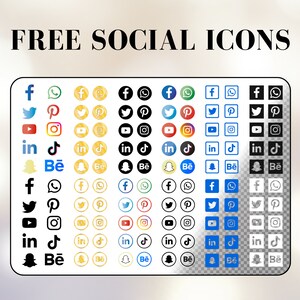 May include: A grid of 10 rows and 6 columns of social media icons. Each row features a different color scheme: blue, gold, white, light blue, black, and transparent. The icons include Facebook, Twitter, Pinterest, YouTube, Instagram, LinkedIn, TikTok, Snapchat, and Behance.