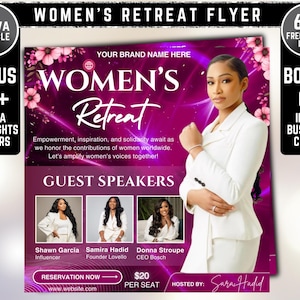 Puede incluir: Un folleto de Women's Retreat con un fondo morado y rosa. El folleto incluye el texto "Women's Retreat" y presenta a una mujer con un traje blanco. También incluye el texto "Guest Speakers" y los nombres de los oradores. El folleto también incluye el texto "Reservation Now" y "Hosted by Sara Hadid".