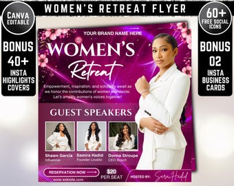 May include: A Women's Retreat flyer with a purple and pink background. The flyer includes the text "Women's Retreat" and features a woman in a white suit. It also includes the text "Guest Speakers" and the names of the speakers. The flyer also includes the text "Reservation Now" and "Hosted by Sara Hadid".