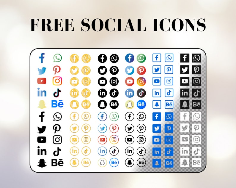 Pode incluir: Uma grade de 10 linhas e 6 colunas de &iacute;cones de m&iacute;dia social. Cada linha apresenta um esquema de cores diferente: azul, dourado, branco, azul, branco e preto. Os &iacute;cones representam plataformas de m&iacute;dia social populares, incluindo Facebook, Twitter, Instagram, Pinterest, YouTube, LinkedIn, TikTok, Snapchat e Behance.