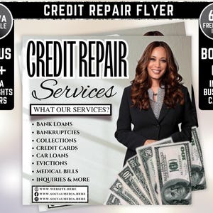 Può includere: Un volantino che pubblicizza servizi di riparazione del credito. Il volantino presenta una donna che tiene un mazzo di banconote in dollari americani. Il testo sul volantino recita "Servizi di riparazione del credito" e elenca servizi come prestiti bancari, fallimenti, recupero crediti, carte di credito, prestiti auto, sfratti, fatture mediche, richieste e altro ancora. Il volantino include anche informazioni di contatto per l'azienda.