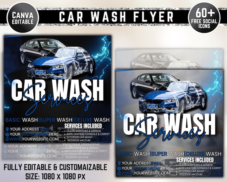 May include: A flyer advertising car wash services. The flyer features a blue and black color scheme with images of cars and lightning bolts. The text on the flyer reads "Car Wash Services" and lists the services offered, including basic wash, super wash, and deluxe wash. The flyer also includes the business's address, social media handles, and website.